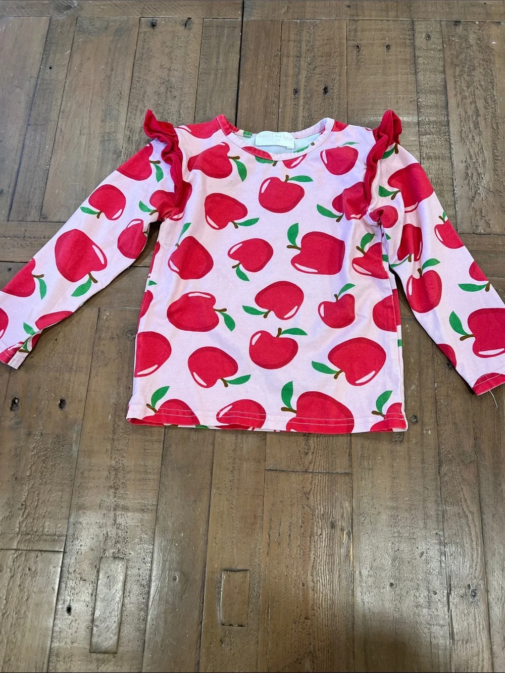 Cecil and Lou pink apple print ruffled two piece top and pants set 3T